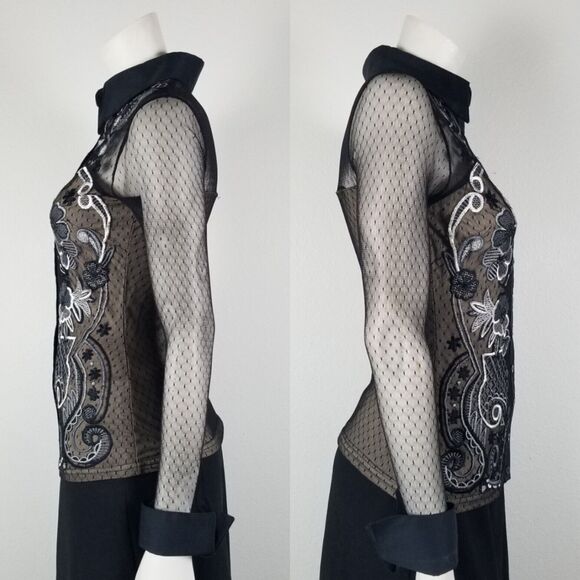 Blanc Nature Vintage Y2K Embroidered Goth Mesh Shirt Size 38 (Cigarette Odor) - Picture 2 of 14